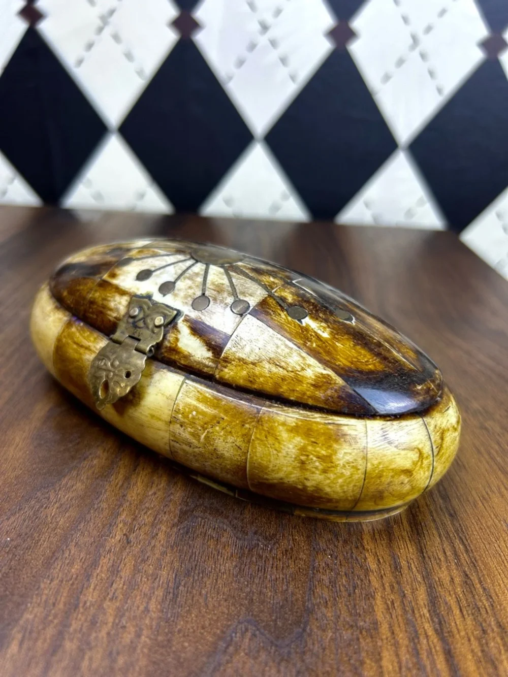 Vintage Bovine Bone Trinket Box Brass‎ Inlay Jewelry Box Collectible Carmel Bone